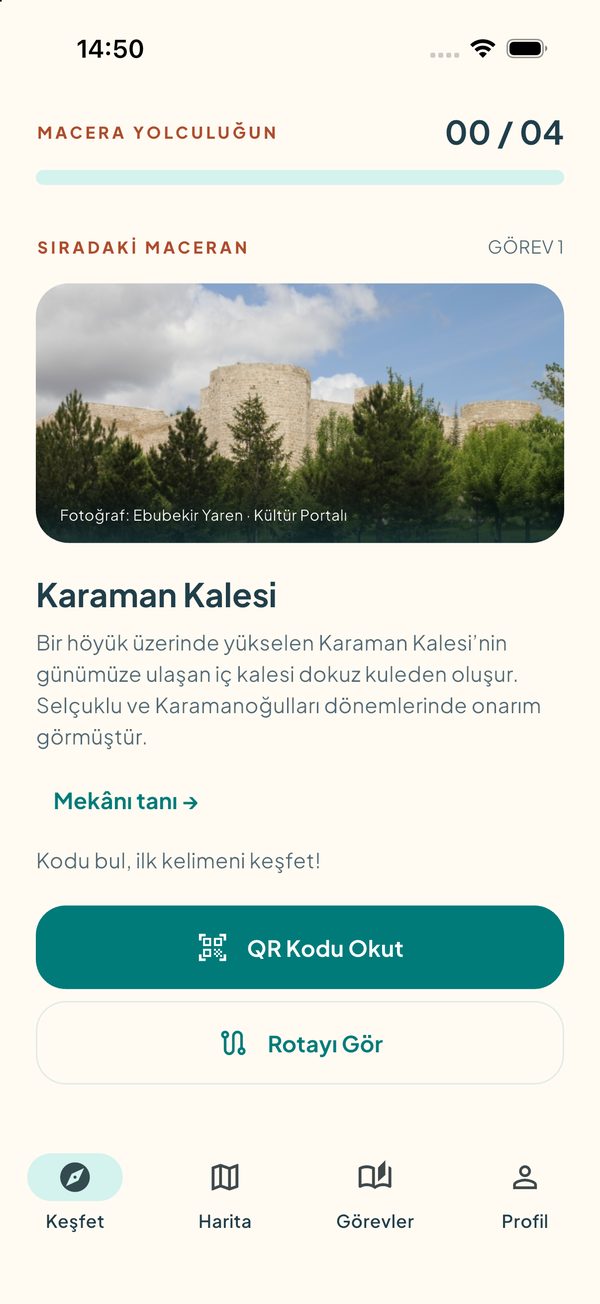 Sıradaki macera kartı: Karaman Kalesi fotoğrafı, açıklaması, QR Kodu Okut ve Rotayı Gör butonları
