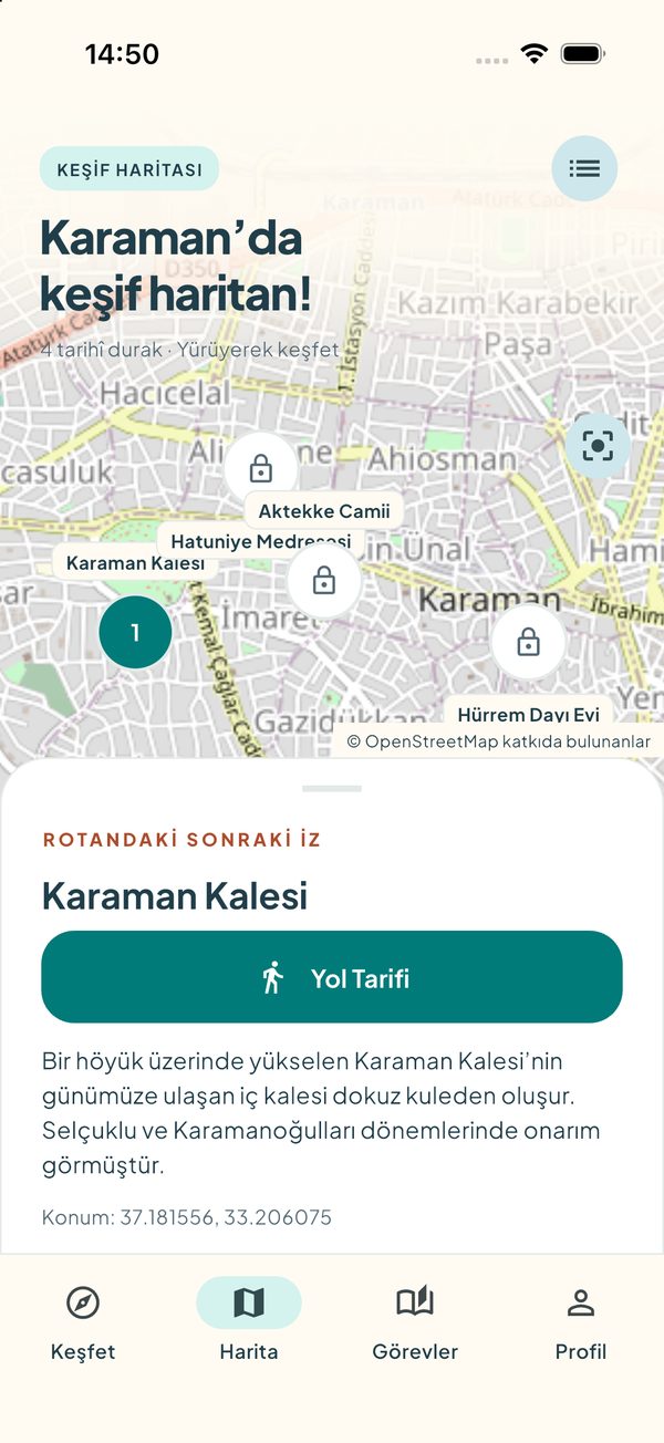 Keşif haritası: Karaman şehir haritasında duraklar ve Yol Tarifi butonu