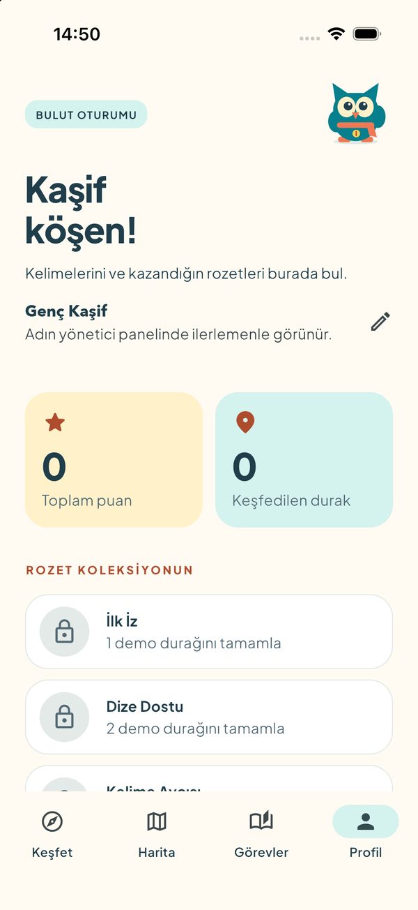 Profil ekranı: toplam puan, keşfedilen durak sayısı ve rozet koleksiyonu
