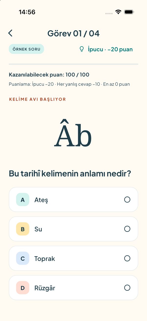 Soru ekranı: “Âb” kelimesi ve Ateş, Su, Toprak, Rüzgâr seçenekleri
